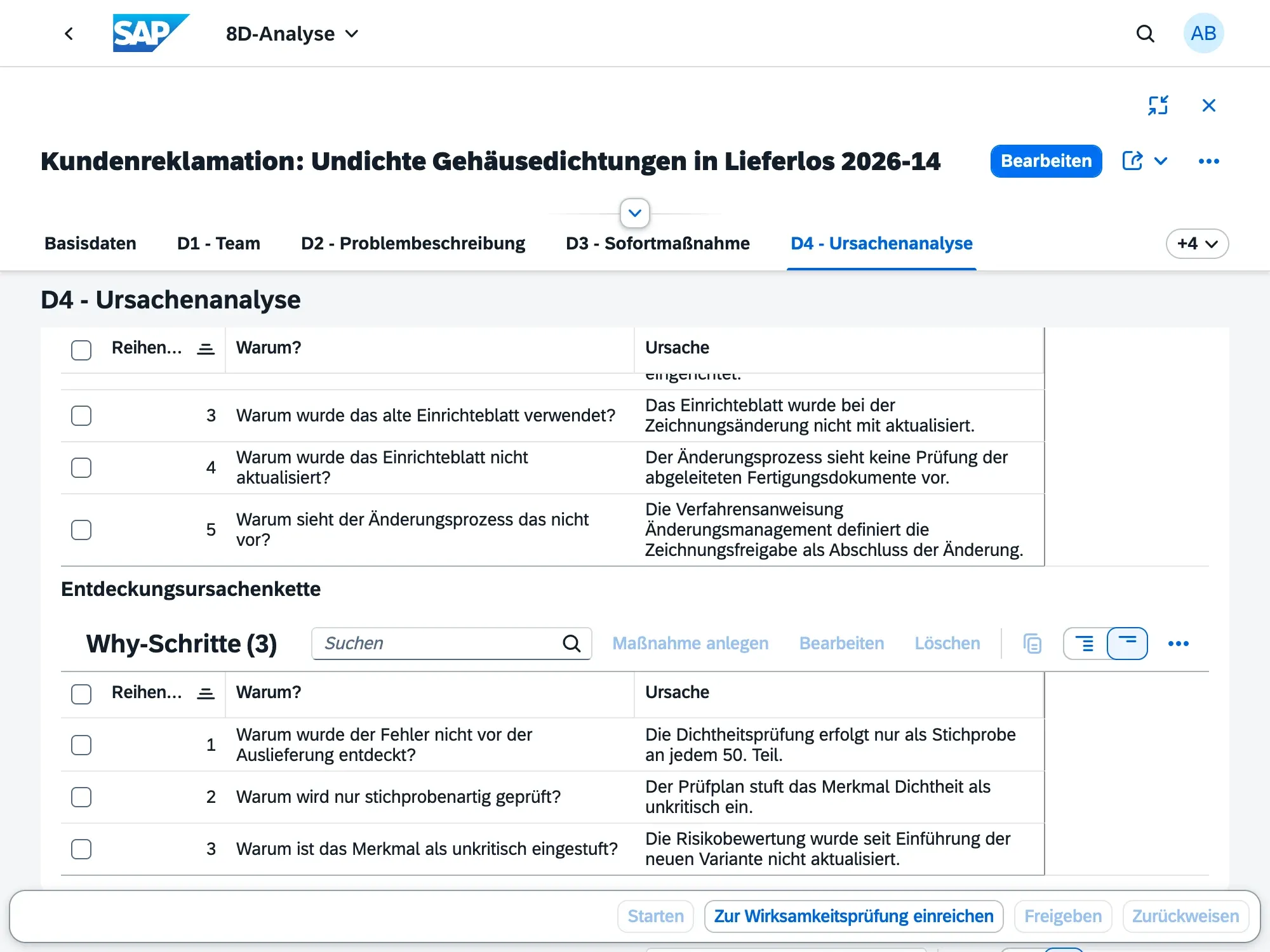 8D-Analyse mit getrennter Auftretens- und Entdeckungskette über sechs Warum-Schritte