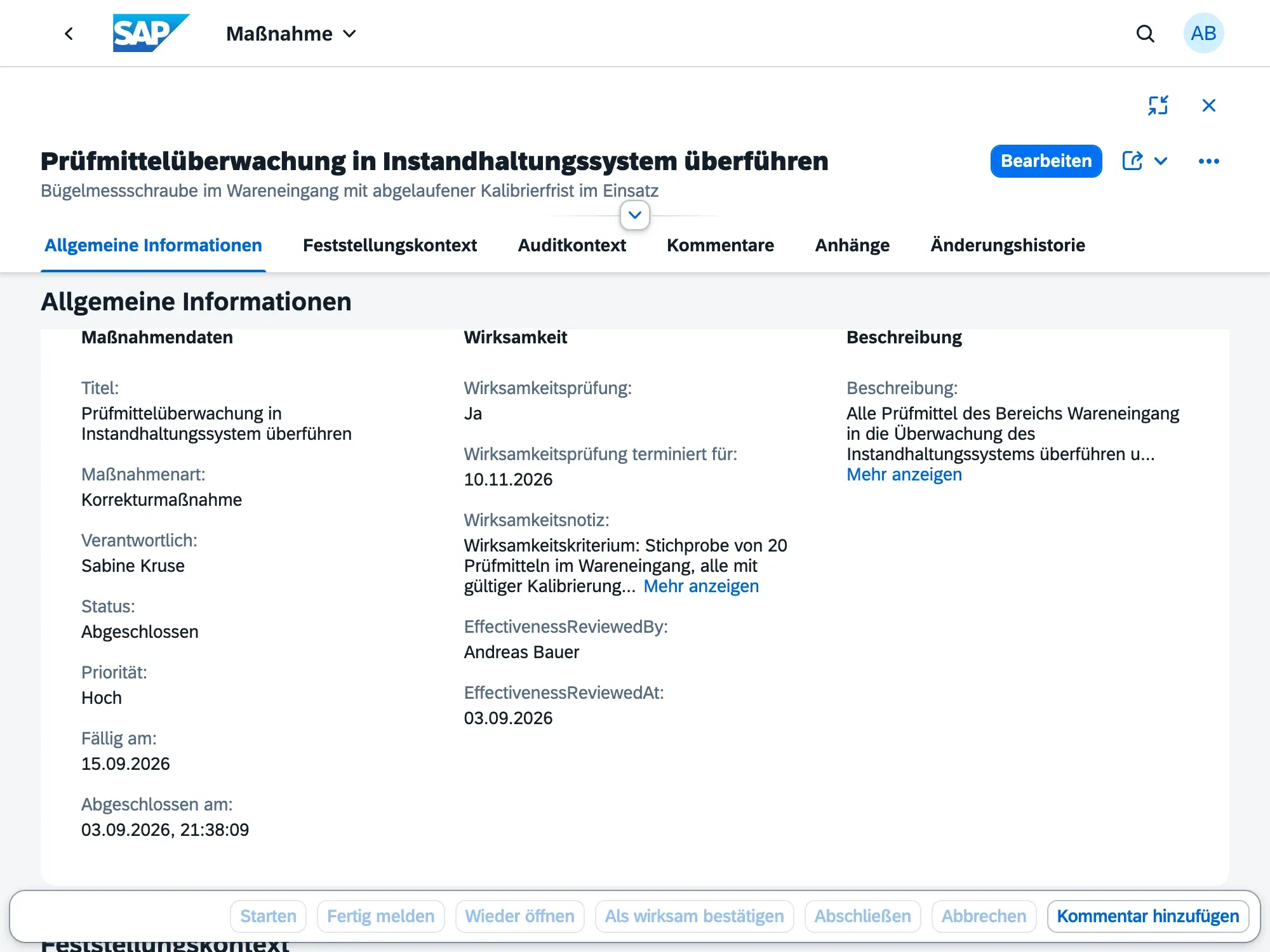 Maßnahme im Status geschlossen mit bestätigter Wirksamkeitsprüfung, Prüfer und Prüfdatum