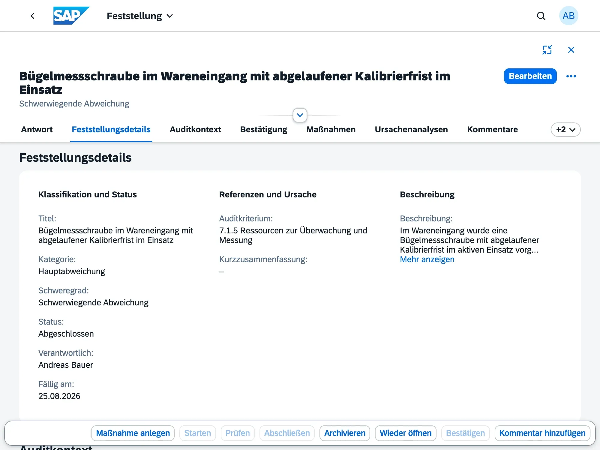 Feststellung im Auditmodul mit Klassifizierung, Normbezug und angehängten Nachweisen