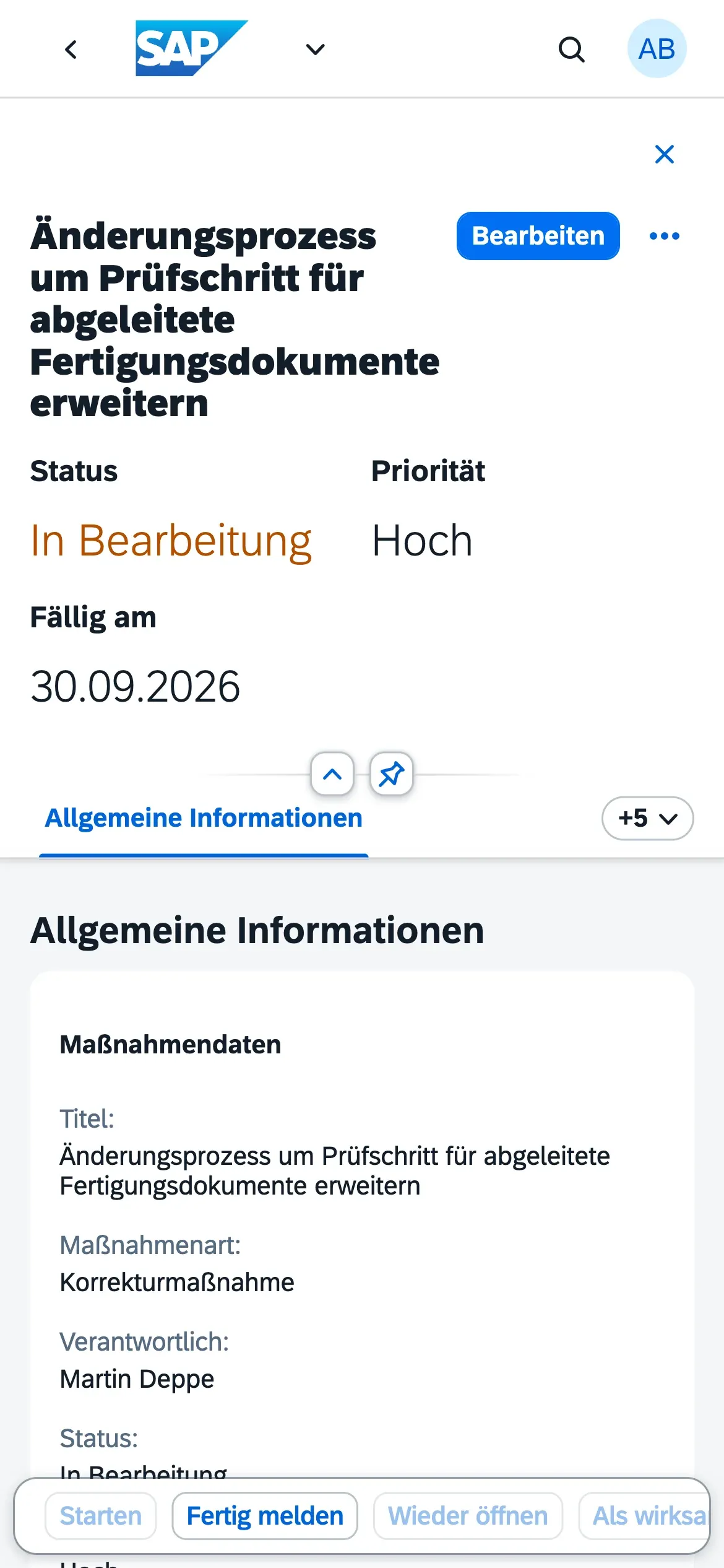 Dieselbe Maßnahme auf dem Smartphone: Titel, Status, Priorität und Frist auf einen Blick