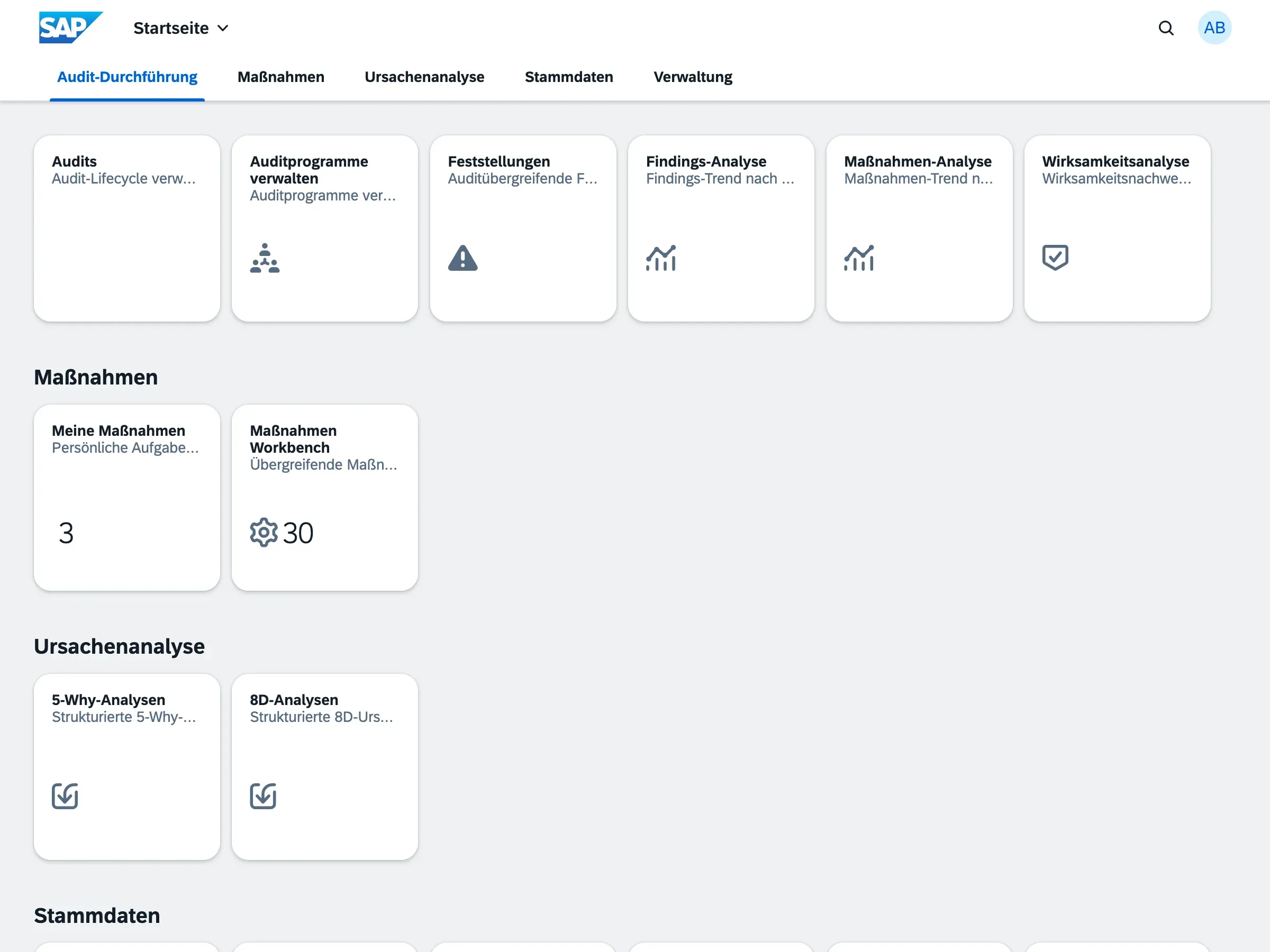 Startseite des qportal-Portals mit den Bereichen Auditdurchführung, Maßnahmen, Ursachenanalyse und Stammdaten