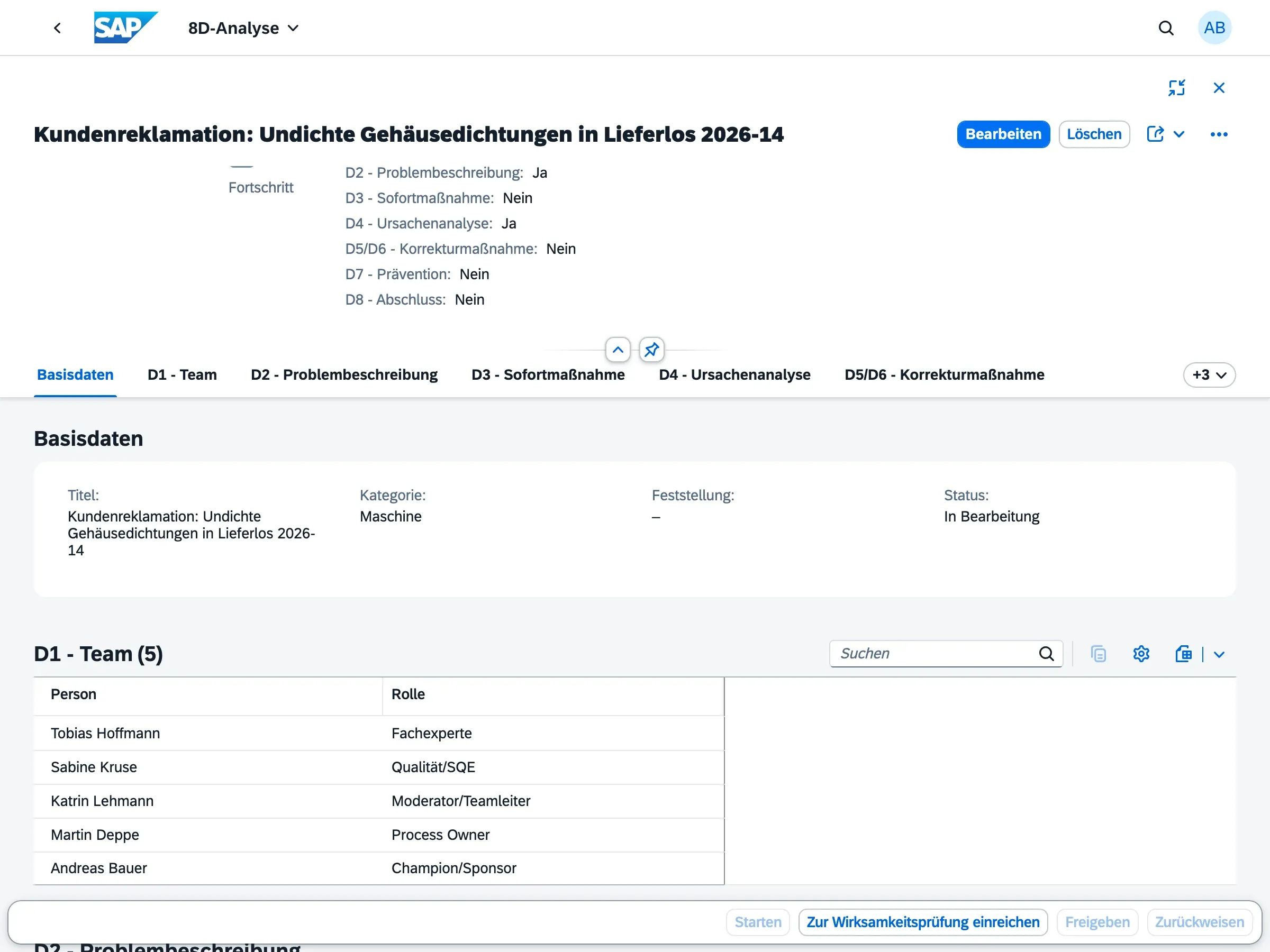 D1 bis D8 mit Status — sichtbar, an welcher Disziplin eine Analyse gerade steht.