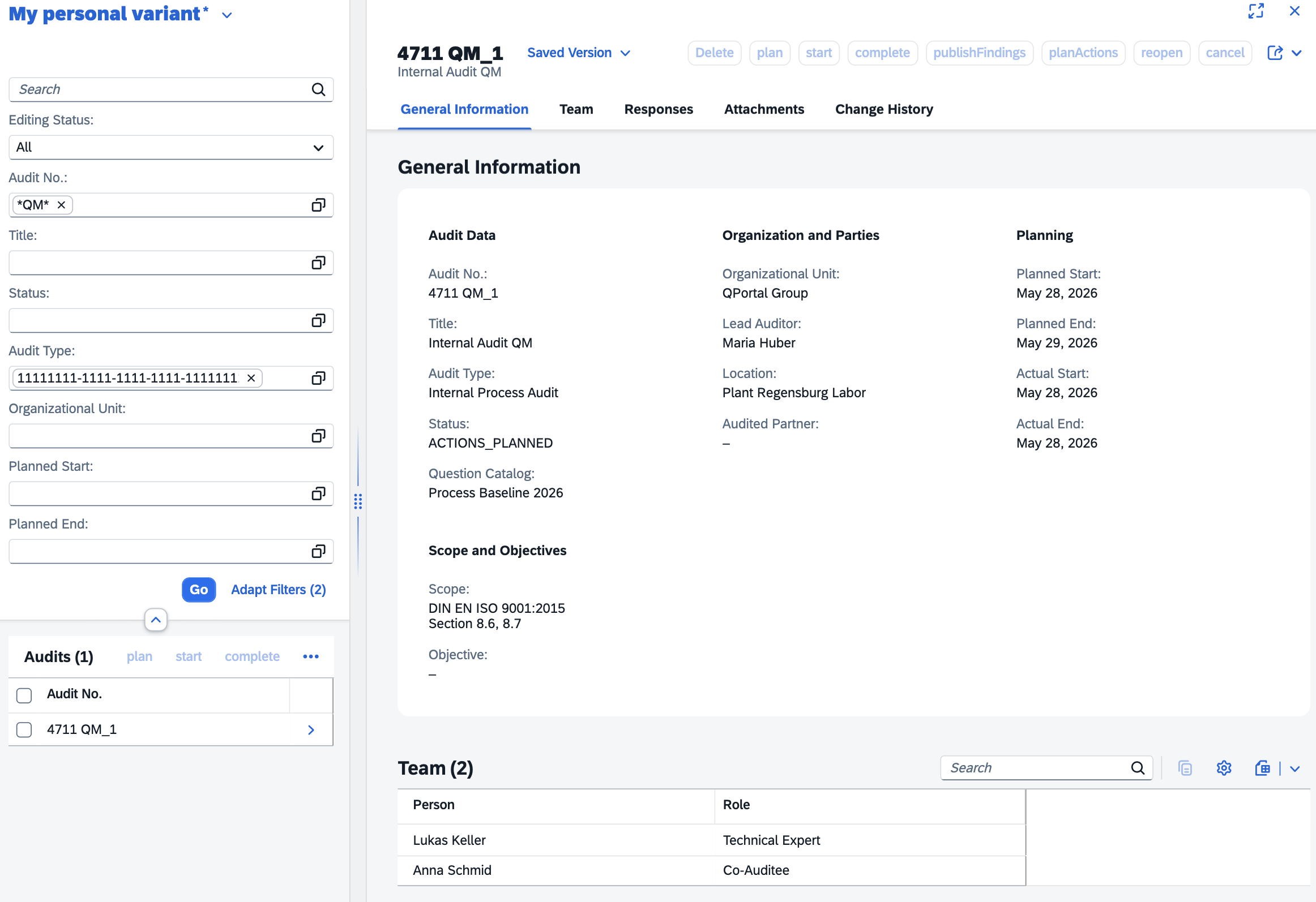 qportal audit app showing the audit list with filters on the left and an open audit split view with master data, participants, question catalog, norm reference, and status on the right