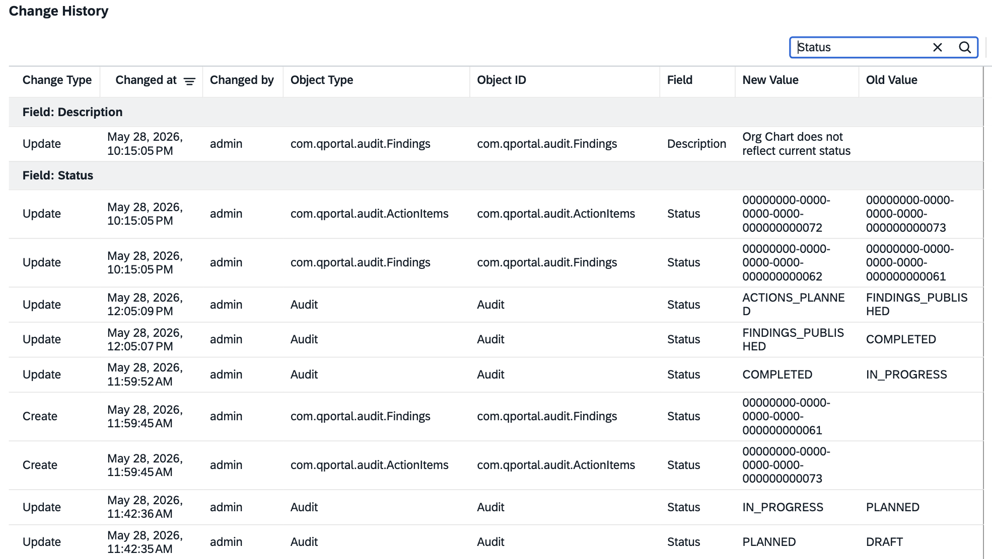 qportal audit app changelog showing version history of all audit entities including findings, questions, answers with searchable, filterable, sortable and groupable change records. Each entry displays what changed, when, by whom, and from which value to which value with Excel export option.