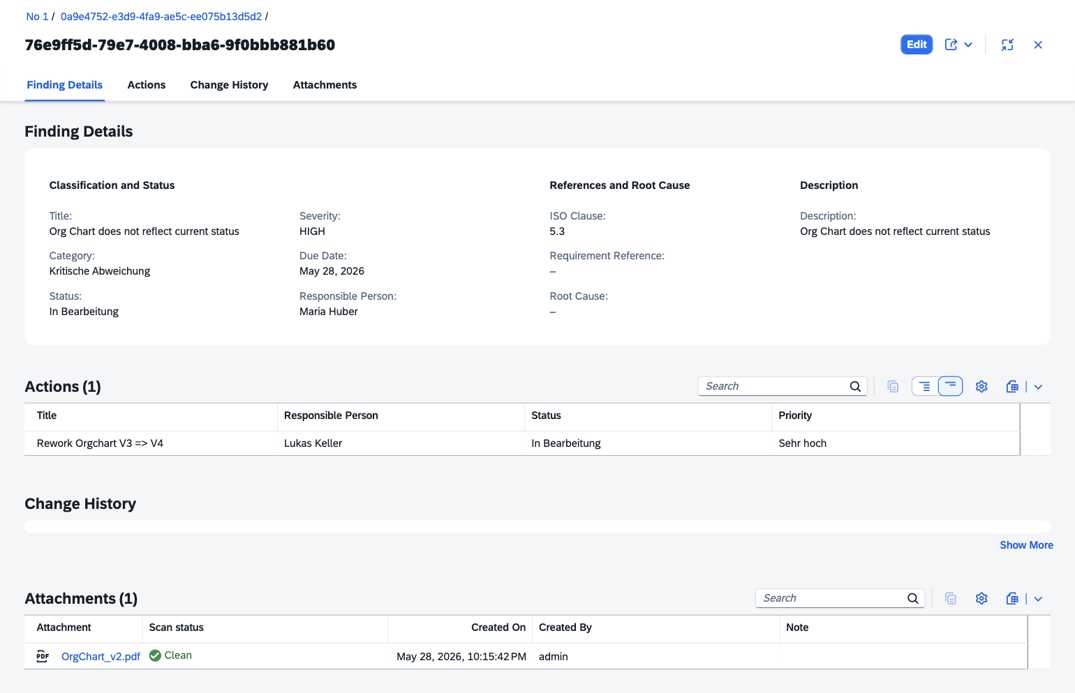 qportal audit app showing findings creation and action tracking interface with severity classification and CAPA workflow